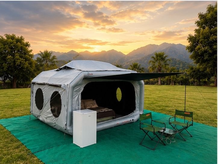 AlphaGO Air Cube inflatable tent pitched on a green groundsheet at sunset with the awning extended, camp chairs and a fridge outside