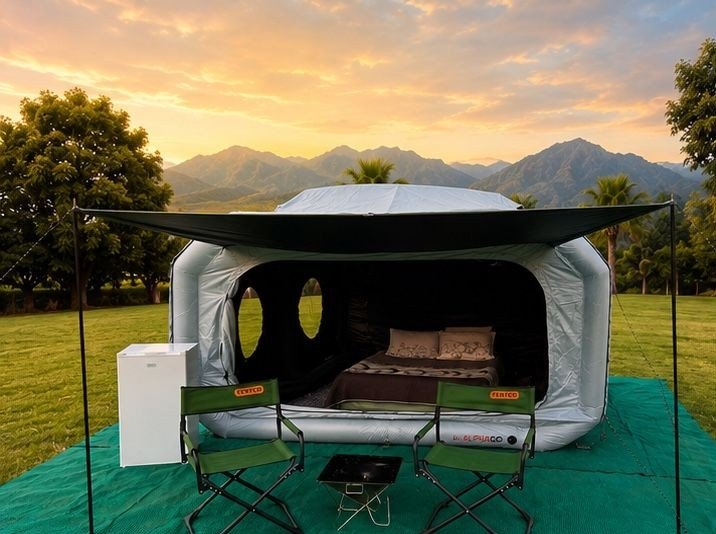 The Explorer Pro Edition air tent with its awning overhead, a made-up double bed visible inside and two camp chairs and a fire pit set up in front