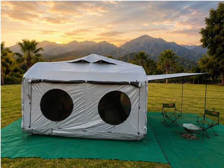 Side view of the inflatable Cube tent showing the two large round mesh windows and the extended awning stretched out on guy ropes