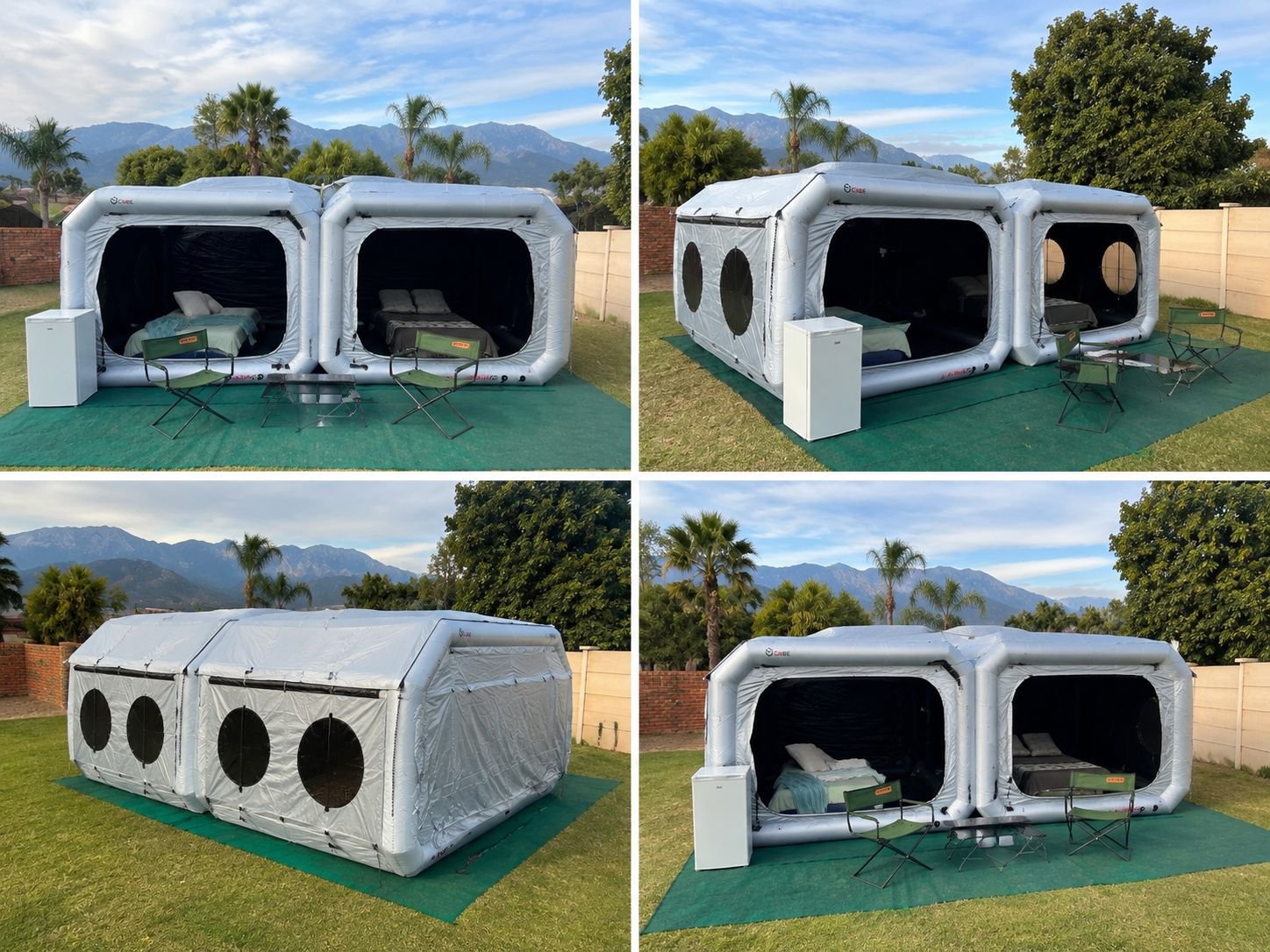 Four views of two Cube air tents linked together in a garden, showing the front openings, side profile and interior beds
