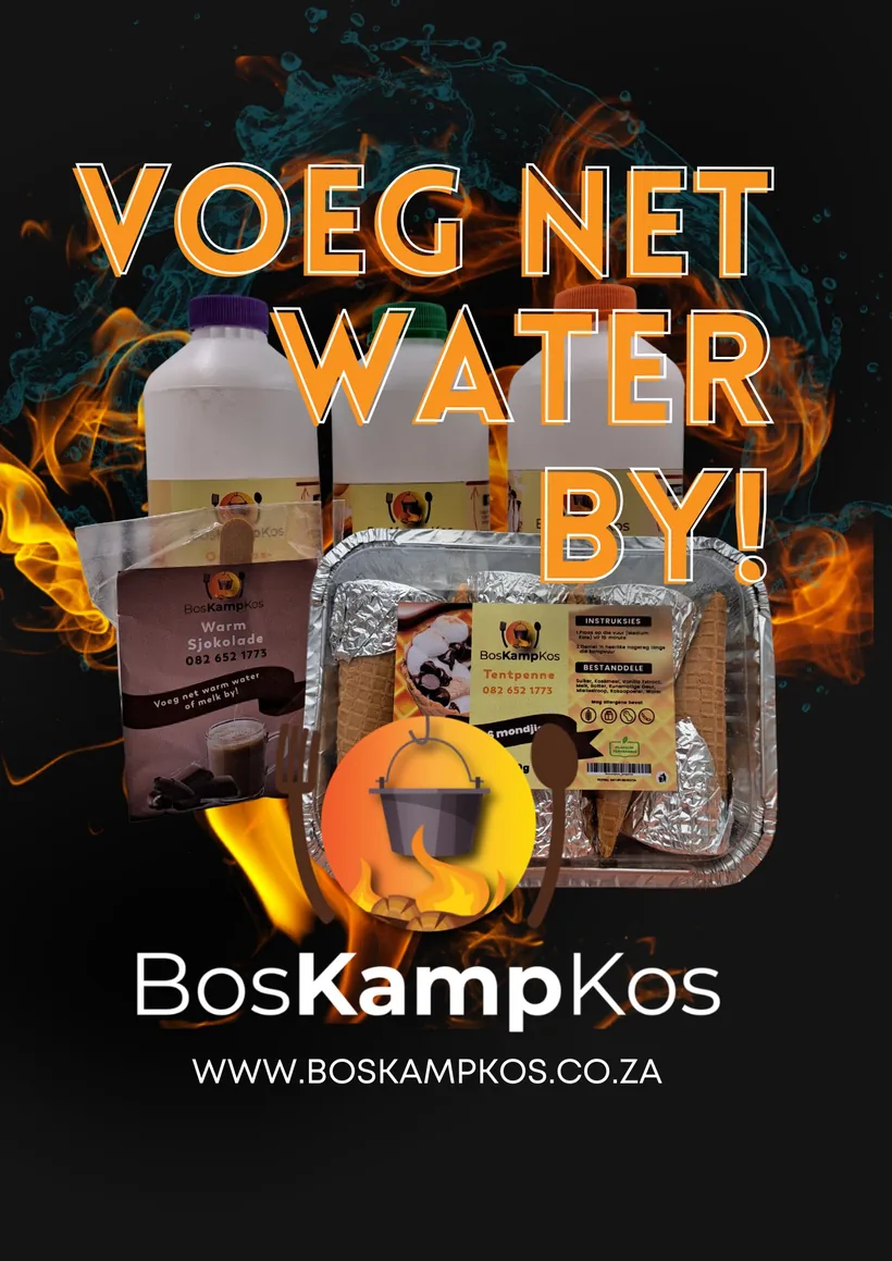 The BosKampKos range: mix bottles, a Warm Sjokolade sachet and a Tentpenne tray