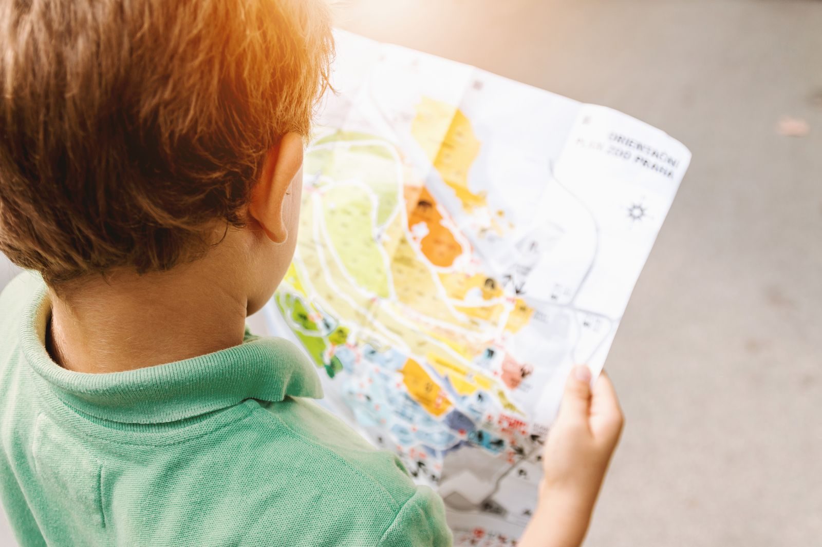 Young child studying a colourful paper map outdoors, learning to navigate the old-school way on a camping trip