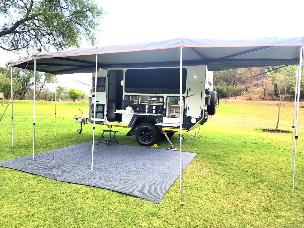 Mobi Lodge Continental off-road caravan set up at a campsite for a Botswana 4x4 trip