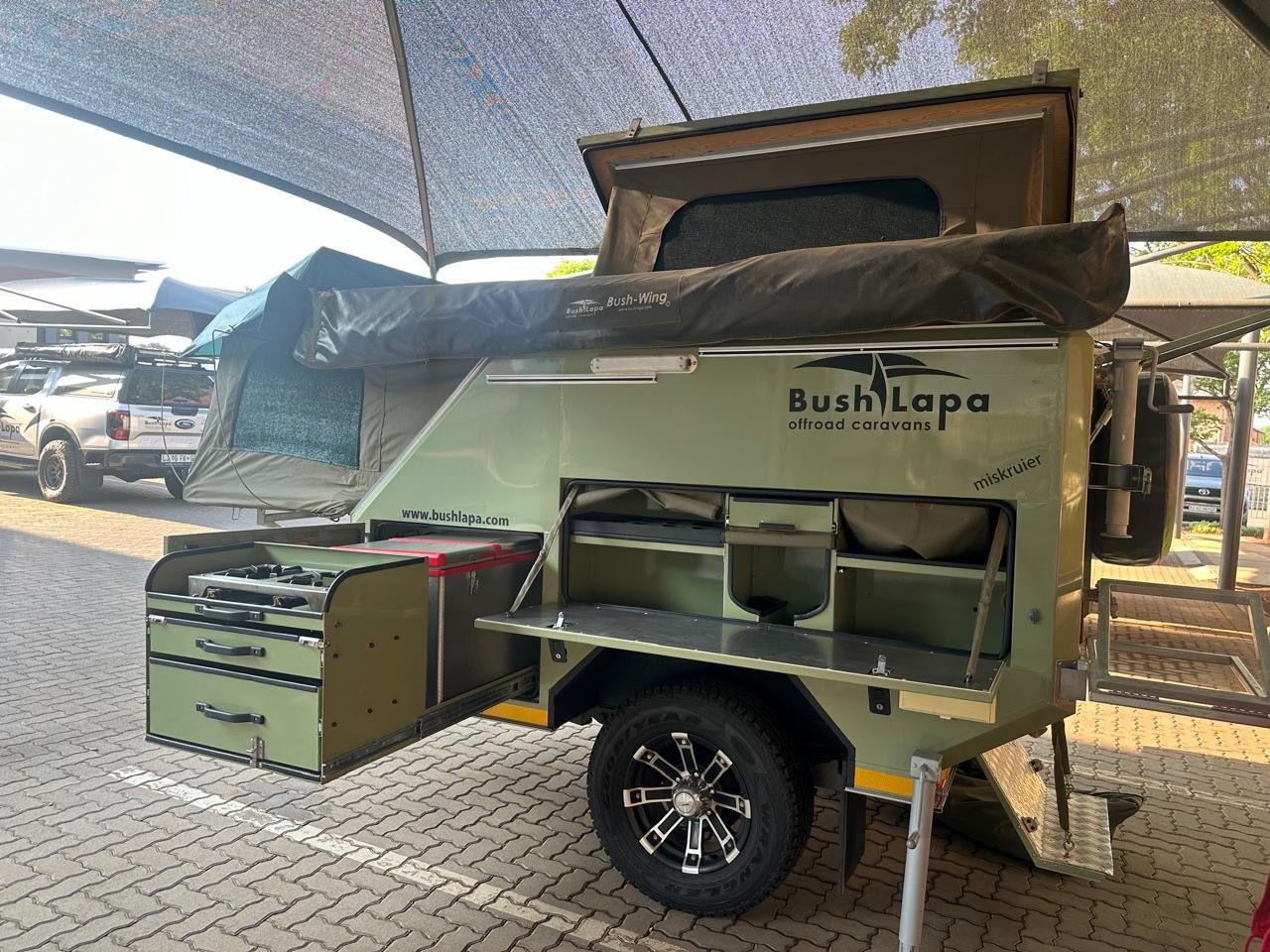 Off-road BushLapa camping trailer set up for an Easter camping trip in South Africa