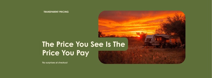 Kampi caravan at golden hour in the South African bushveld with the words The Price You See Is The Price You Pay